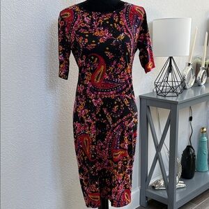 LuLaRoe Black Paisley Midi Dress with Pink & Gold Accents